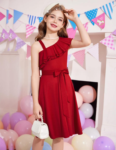 [5Y-12Y] Arshiner Girls Dress One Shoulder Formal Ruffle Trim Party Dresses