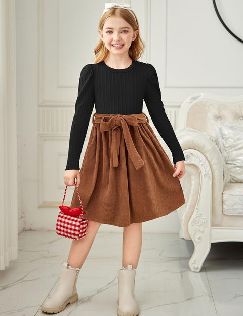 Arshiner Girls Dresses Puff Long Sleeve Rib Knit Plaid Belted Dress
