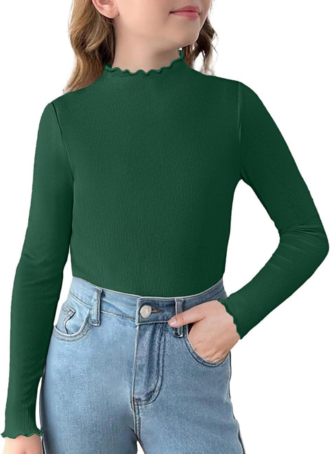 Arshiner Girls Lettuce Trim Mock Neck Ribbed Knit Tops