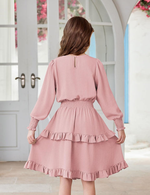 Arshiner Girls Long Sleeve Dress Boho Tiered Ruffle Hem Smocked Waist Midi Dress