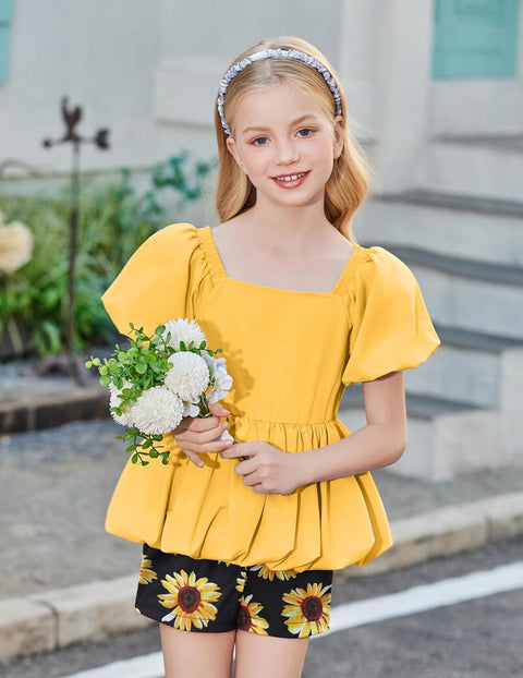 Arshiner Girls 2 Piece Sets Puffed Sleeve Bubble Hem Tops and Short Set