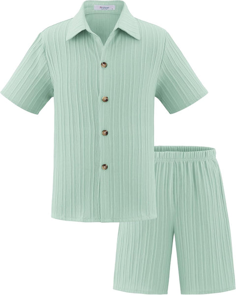 [5Y-12Y] Arshiner Boy's Textured Button Up Shirt and Shorts Set