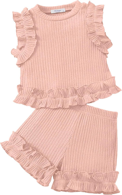 Arshiner Toddler Girls Clothes Ribbed Knit Ruffle Sleeveless Tops and Shorts with Pockets Cute Summer 2 Pieces Short Sets
