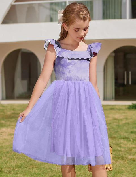 Arshiner Girls Dresses Square Neck Ruffle Sleeve Tulle Dress 6-14 Years