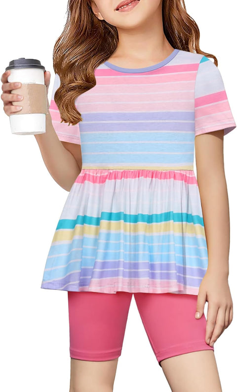 Arshiner Girls Summer Outfits Short Sleeve Ruffle Hem Top and Biker Shorts Set Girl Clothes 6-14 Years