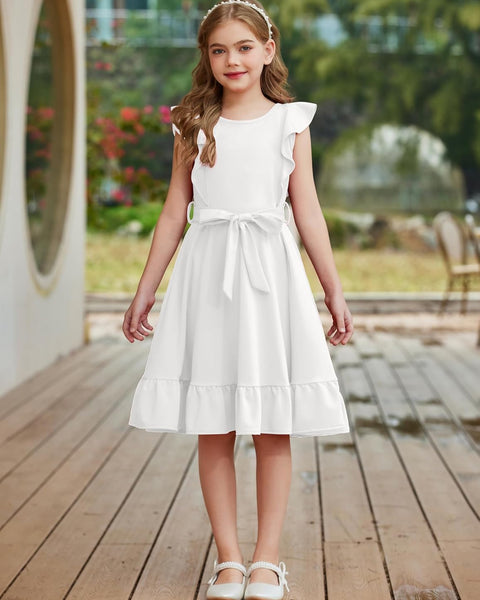 Arshiner Girls Belted Pockets Flutter Sleeve A-line Dresses