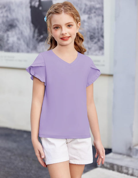 Arshiner Girls T Shirts Double Layer Ruffle Short Sleeve V Neck Tops Tee
