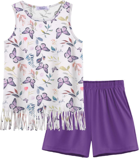 Arshiner Girls Summer Outfits Sleeveless Fringe Tank Top and Elastic Waist Pocketed Shorts Set Girl Clothes 6-14 Years