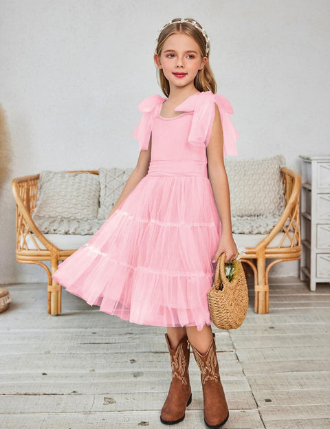 Arshiner Girls Dresses Sleeveless Bow-Tie Straps Tulle Dress