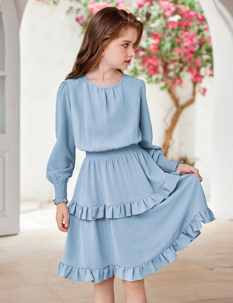 Arshiner Girls Long Sleeve Dress Boho Tiered Ruffle Hem Smocked Waist Midi Dress
