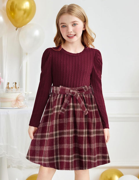 Arshiner Girls Dresses Puff Long Sleeve Rib Knit Plaid Belted Dress