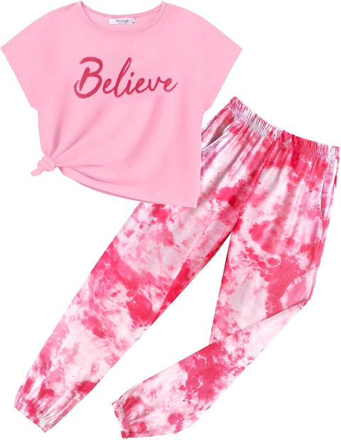 【6-14Y】Arshiner Girls 2 Piece Sets Drop Shoulder Top Sweatpants Jogger
