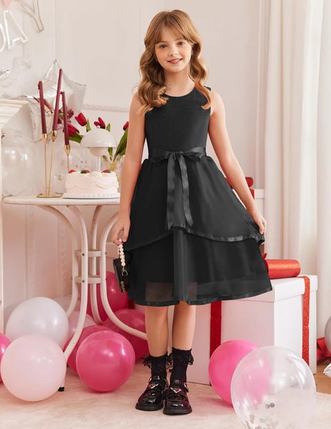Arshiner Girls Dress Formal Party Fluffy Tulle Sleeveless Belted Dresses 3-11Y