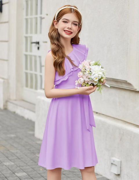 [5Y-12Y] Arshiner Girls Dress One Shoulder Formal Ruffle Trim Party Dresses