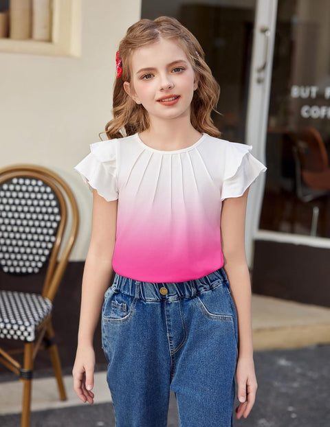 Arshiner Girls T Shirts Ruffle Short Sleeve Pleated Casual Tops