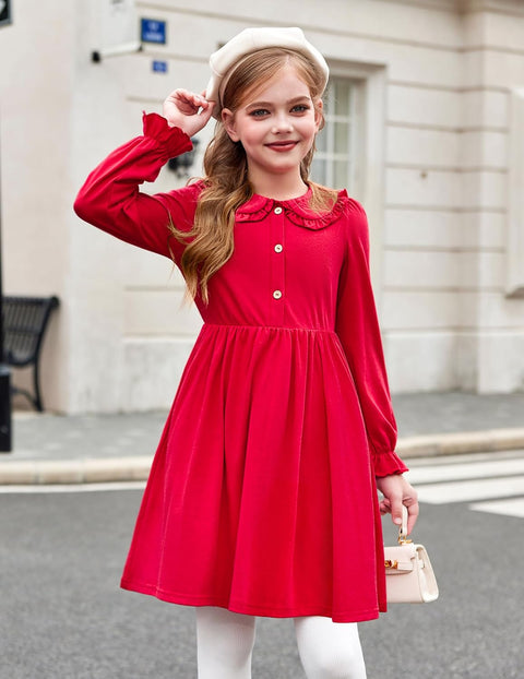 Arshiner Girls Long Sleeve Dress Ruffle Cotton Dresses