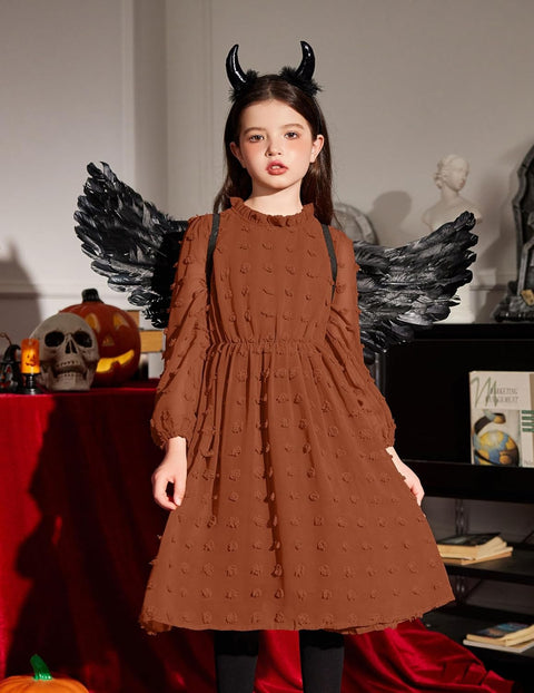 Arshiner Girls Dress Long Sleeve Swiss Dot Ruffle Collar Flowy A-Line Party Dress for Kids 5-13Y