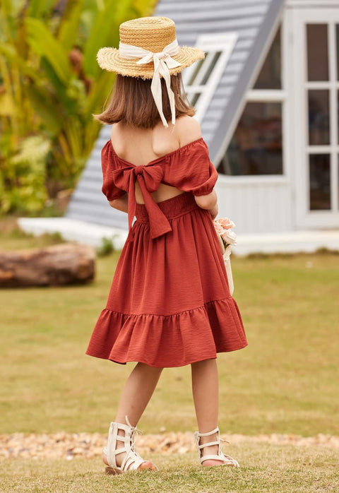 Arshiner Girls Tie Back Short Sleeve Ruffle Hem Off Shoulder Dresses