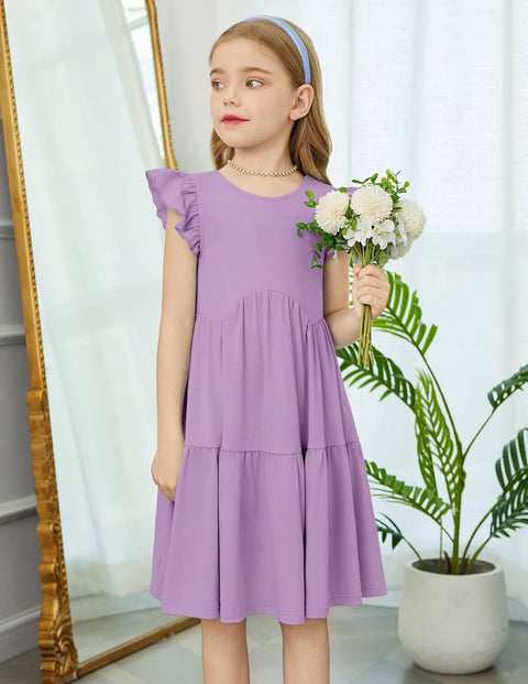 【2-8Y】Arshiner Toddler Dress Girls Backless Tiered Dresses with Pockets