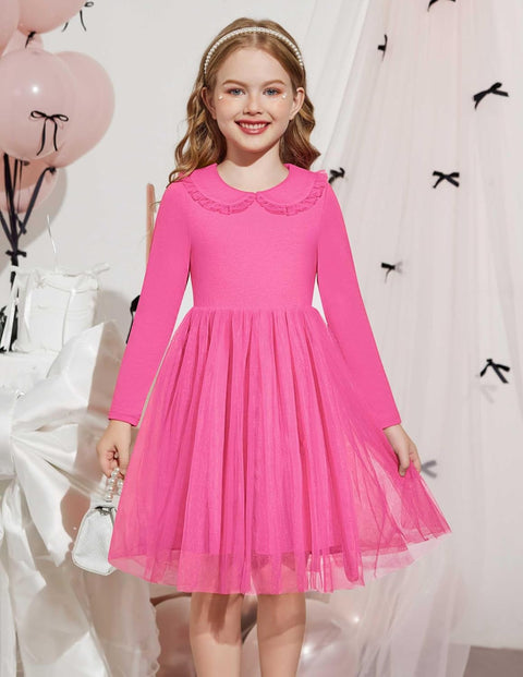Arshiner Tutu Dress Girls Long Sleeve Peter Pan Collar Party Dresses