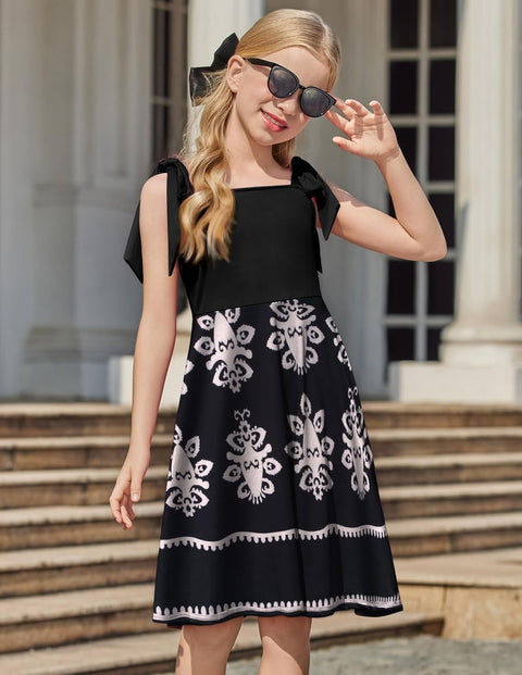 [6Y-11Y] Arshiner Girls Dress Tie Strap Solid Color Party Dresses