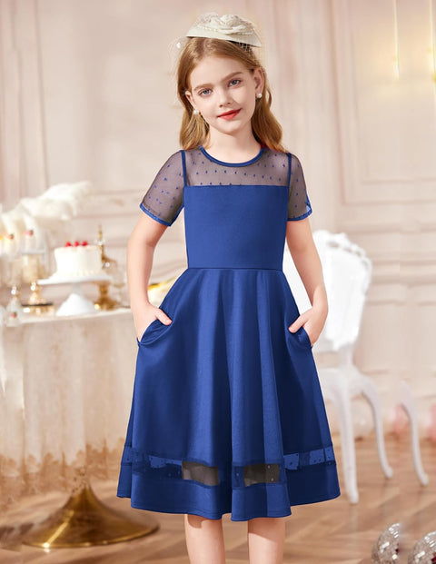 Arshiner Tween Girls Dress Formal Contrast Mesh Short Sleeve A Line Party Dresses