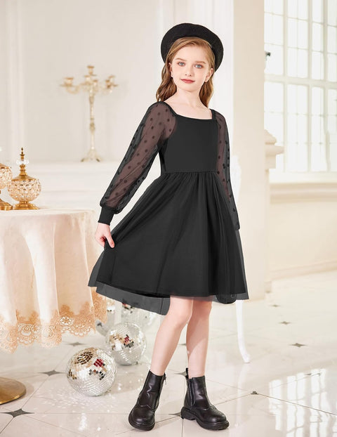 Arshiner Girl Tulle Dress Puff Long Sleeve Teen Girls Party Casual Dresses