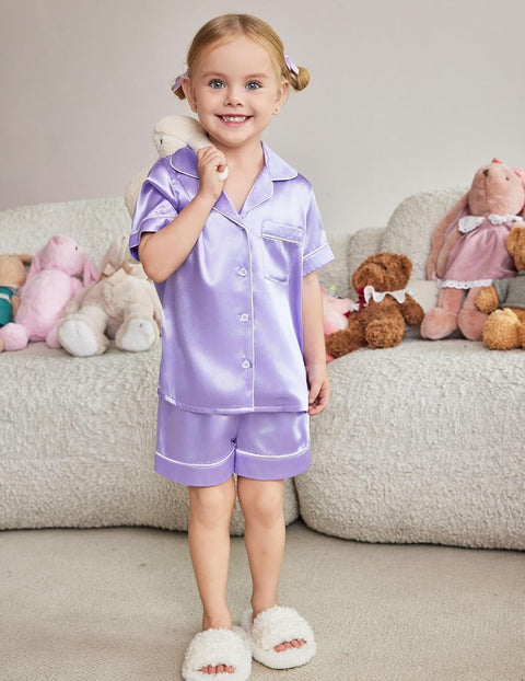 Arshiner Girls Pajamas Silk Satin Pajama Sleepwear Button Down Pj Set
