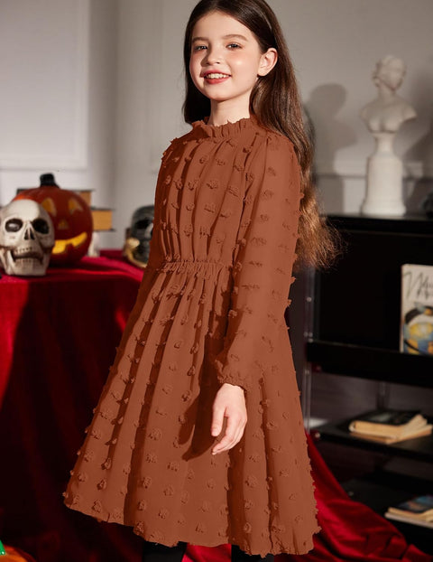 Arshiner Girls Dress Long Sleeve Swiss Dot Ruffle Collar Flowy A-Line Party Dress for Kids 5-13Y