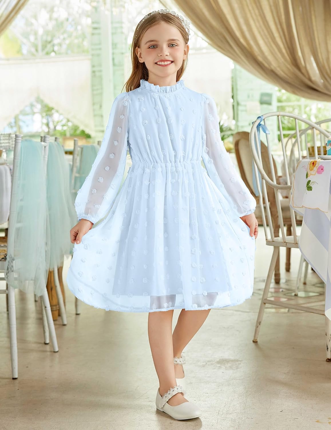 Arshiner Girls Dress Long Sleeve Swiss Dot Ruffle Collar Flowy A-Line Party Dress for Kids 5-13Y – ARSHINER