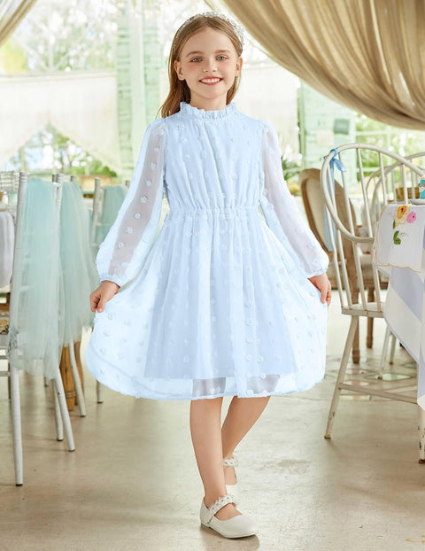 Arshiner Girls Dress Long Sleeve Swiss Dot Ruffle Collar Flowy A-Line Party Dress for Kids 5-13Y