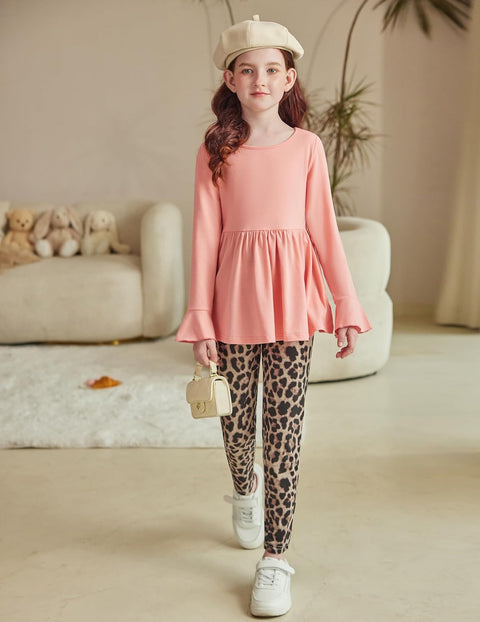 Arshiner Girls 2 Piece Set Floral Ruffle Hem Bell Sleeve Top and Leggings
