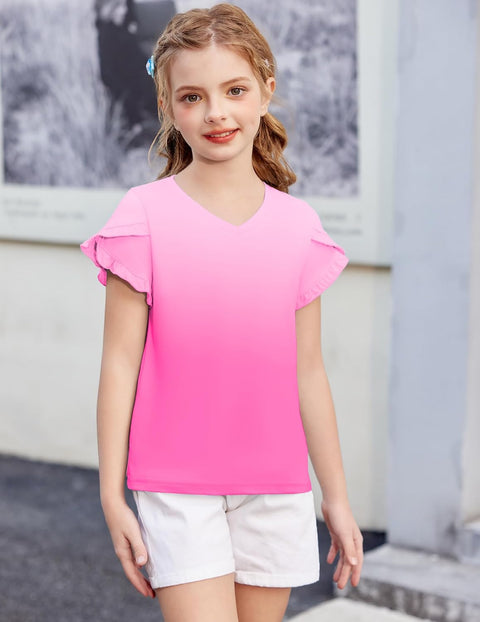 Arshiner Girls T Shirts Double Layer Ruffle Short Sleeve V Neck Tops Tee