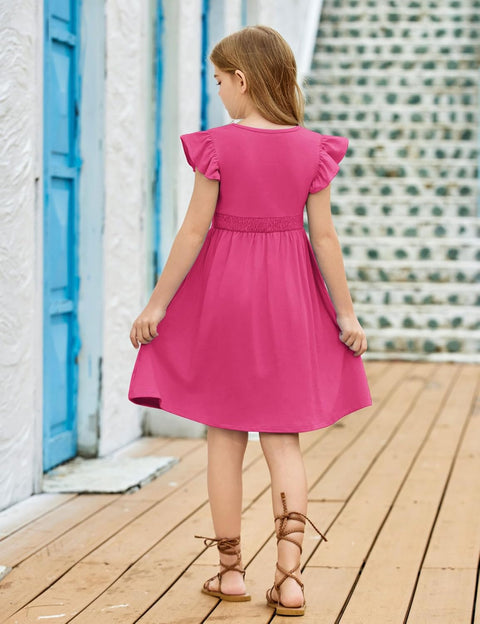 Arshiner Girls Dresses Ruffle Sleeve A-Line V-Neck Sundress