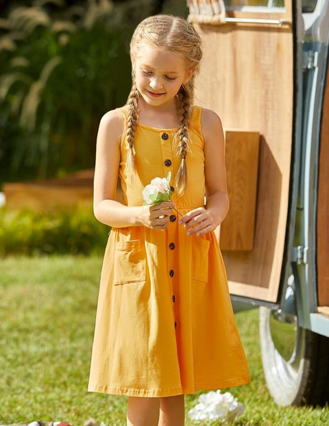 Arshiner Girl's Spaghetti Strap Button Down Midi Sleeveless Sundress