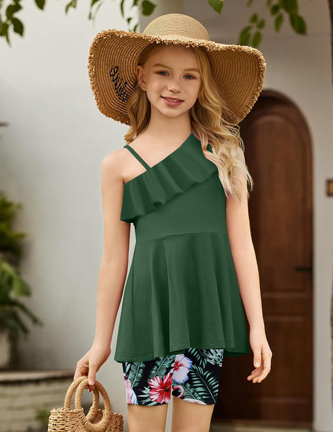 Arshiner Girls 2 Piece Outfits One Shoulder Ruffle Trim Top and Short Sets 6-14 Years