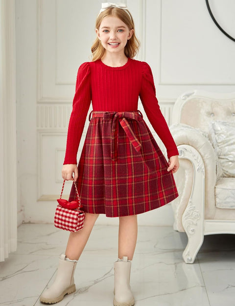 Arshiner Girls Dresses Puff Long Sleeve Rib Knit Plaid Belted Dress