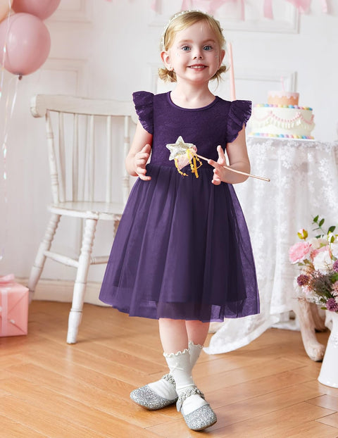 【2-8Y】Arshiner Toddler Lace Tutu Dresses Ruffle Sleeve 3 Layers Tulle Flower Dress