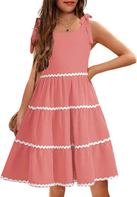 Arshiner Girl's Sundresses Boho Tie Shoulder Cami Midi Tiered Dresses