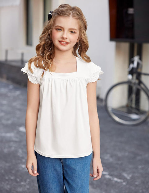 Arshiner Girls Shirts Short Sleeve Square Neck Lace Pleated Tops Blouse Tunic