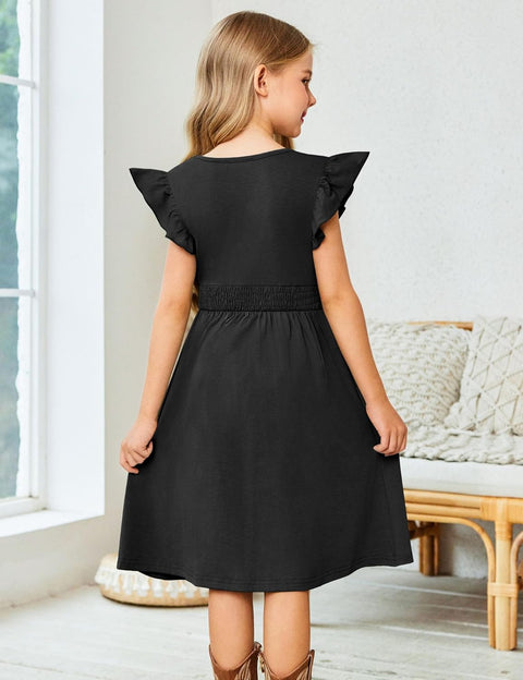 Arshiner Girls Dresses Ruffle Sleeve A-Line V-Neck Sundress