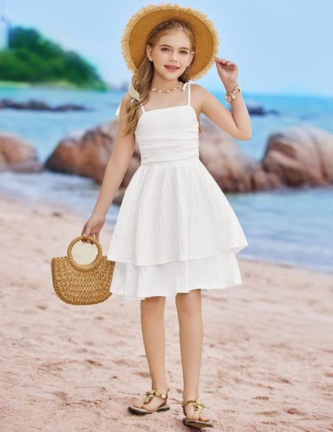 Arshiner Girls Dresses Flowy Tiered Ruched Smocked Back Midi Sundress