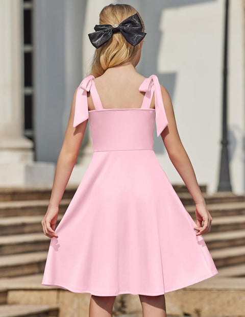 [6Y-11Y] Arshiner Girls Dress Tie Strap Solid Color Party Dresses