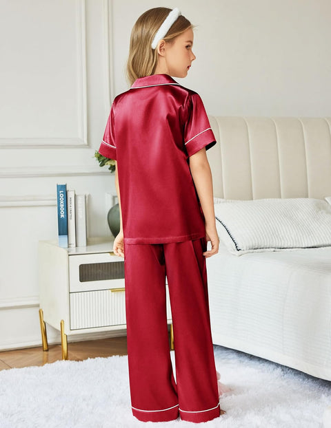Arshiner Girls Pajamas Silk Satin Button Down Pjs 2 Piece Short Sleeve Sleepwear Set