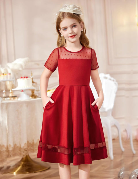 Arshiner Tween Girls Dress Formal Contrast Mesh Short Sleeve A Line Party Dresses