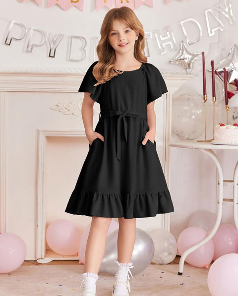 Arshiner Girls Dresses Kids Square Neck Ruffle Hem Belted Dress