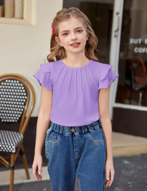 Arshiner Girls T Shirts Ruffle Short Sleeve Pleated Casual Tops