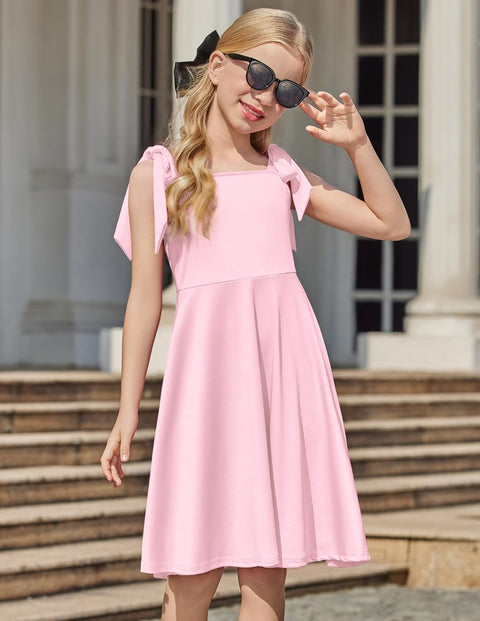 [6Y-11Y] Arshiner Girls Dress Tie Strap Solid Color Party Dresses