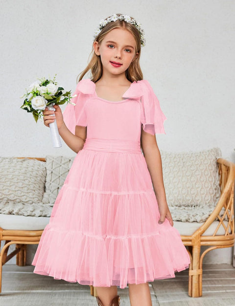 Arshiner Girls Dresses Sleeveless Bow-Tie Straps Tulle Dress