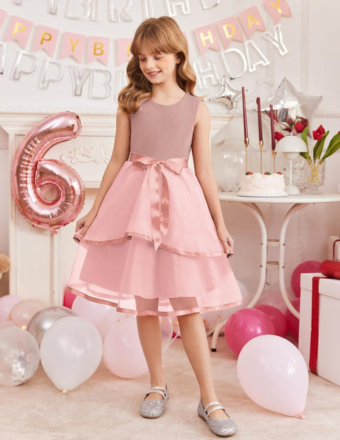 Arshiner Girls Dress Formal Party Fluffy Tulle Sleeveless Belted Dresses 3-11Y